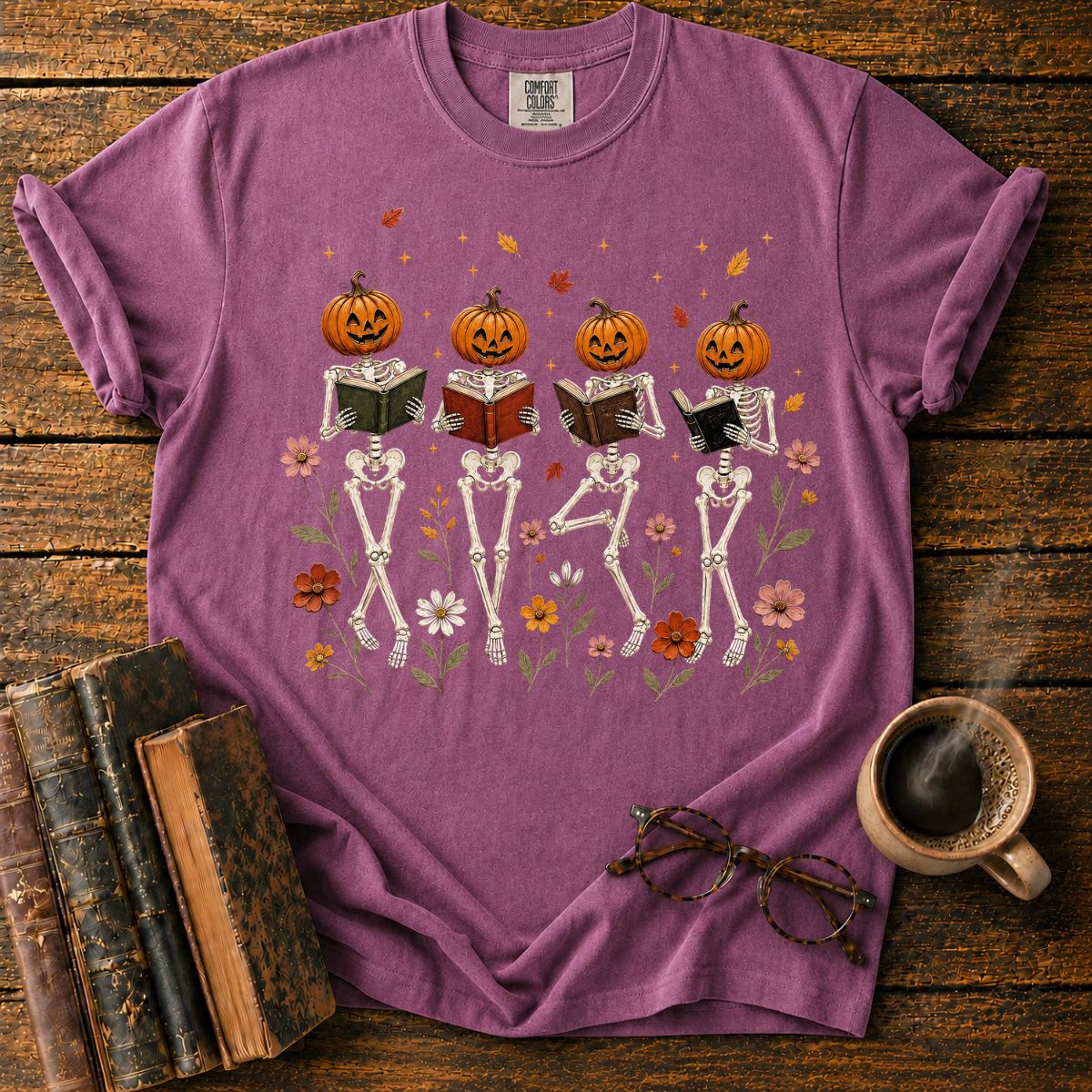 Skeletons Reading Among Autumn Flowers T-Shirt