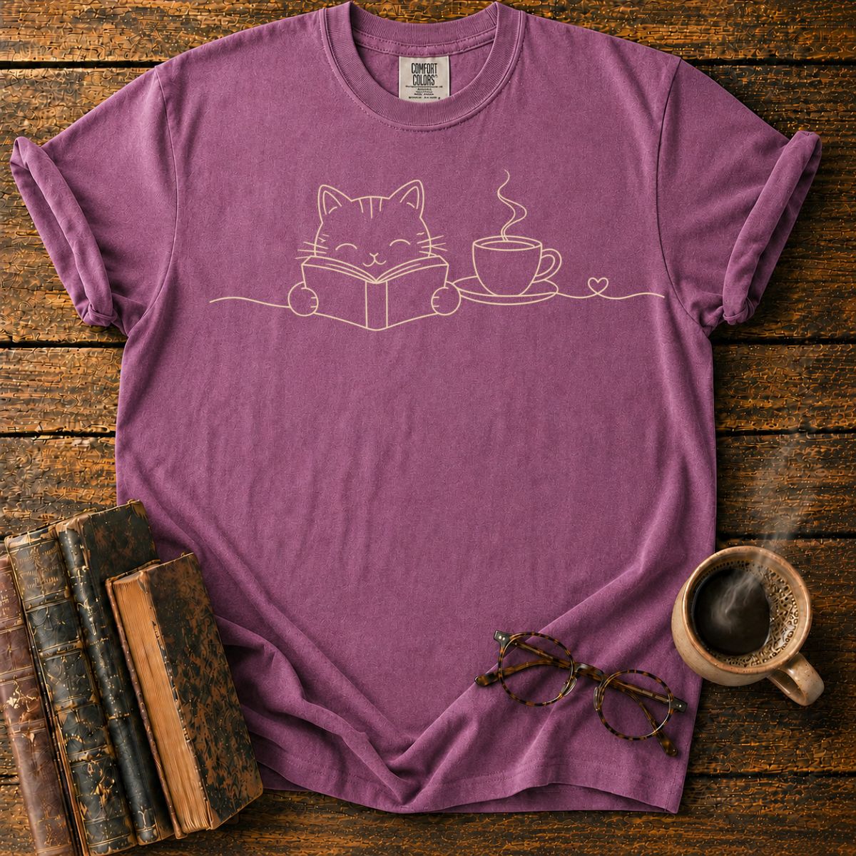 Cozy Cat Reading with Tea T-Shirt
