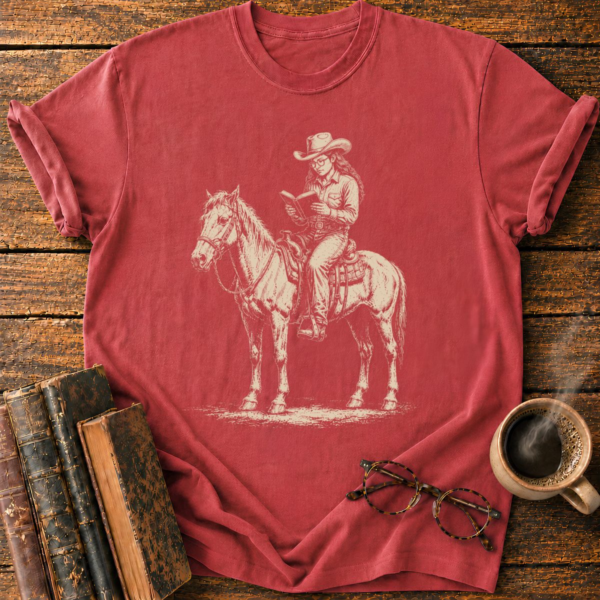Cowgirl Reading on Horseback T-Shirt