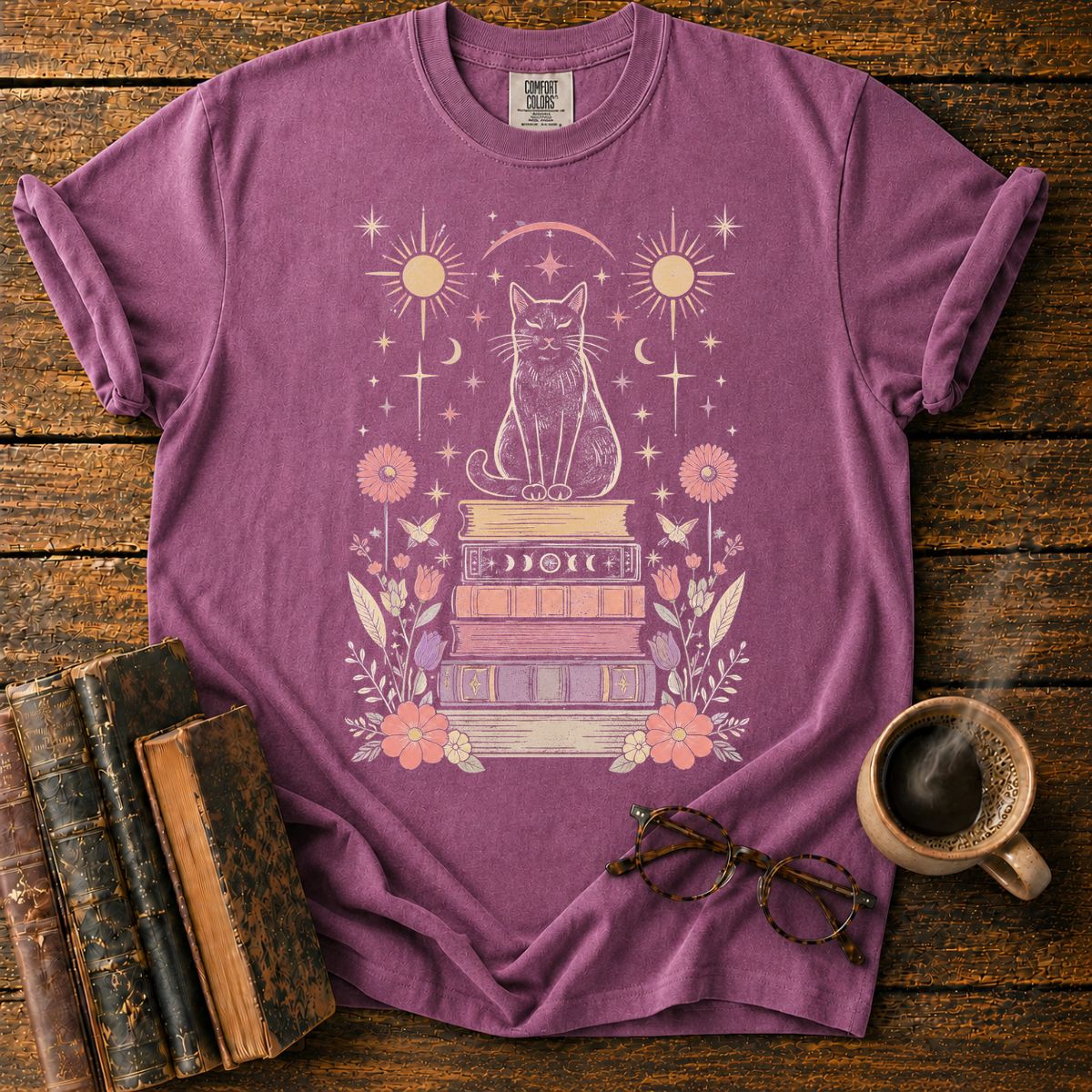 Celestial Black Cat Book Stack T-Shirt