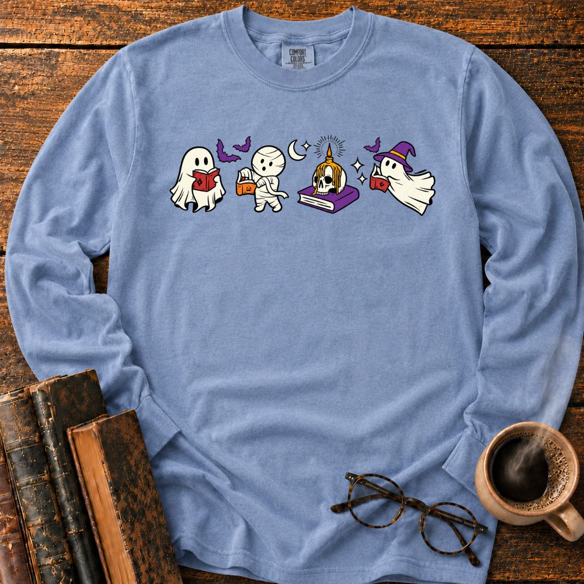 Spooky Ghost Mummy Book Lover LS T-Shirt