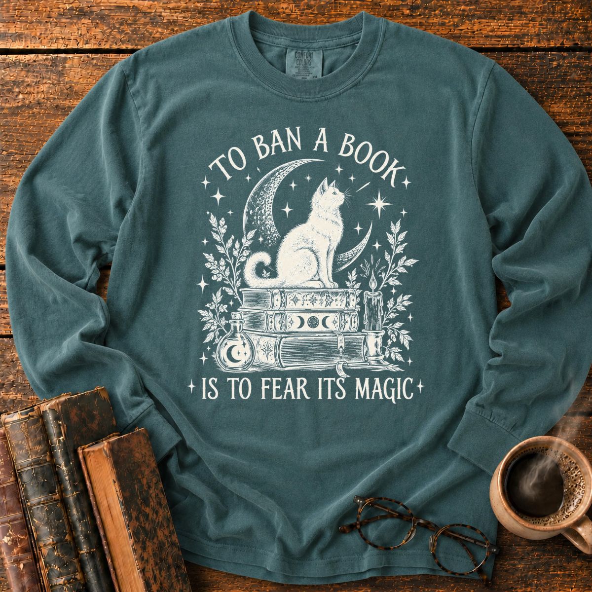 Mystical Cat and Book Magic LS T-Shirt