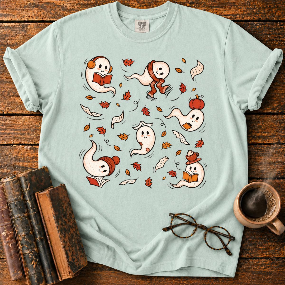 Fall Reading Ghosts Autumn Leaves T-Shirt