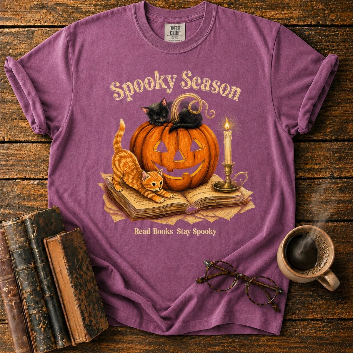 Spooky Season_ Pumpkin, Cats & Books T-Shirt