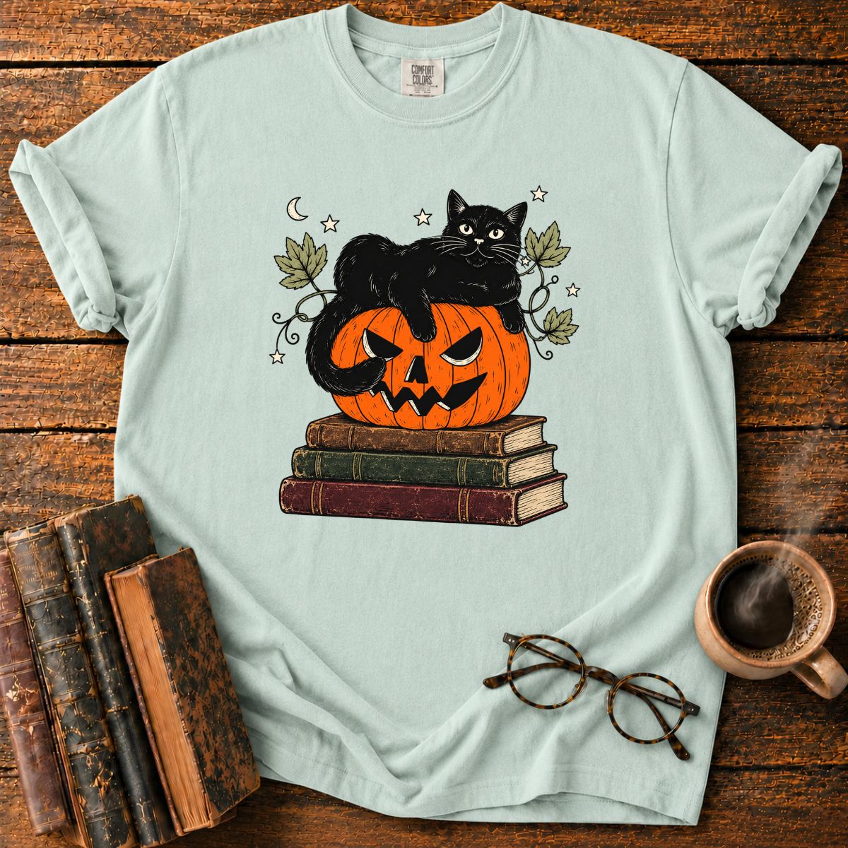 Black Cat, Pumpkin and Vintage Books T-Shirt