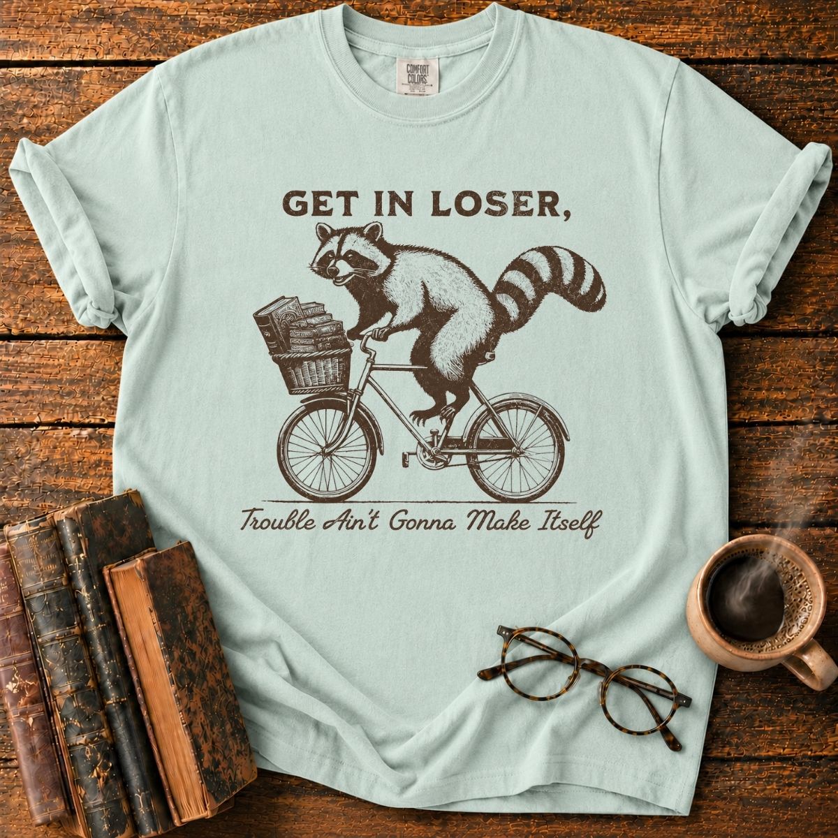 Raccoon’s Vintage Book Bike Ride T-Shirt