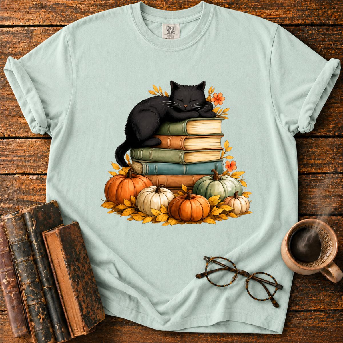 Black Cat Sleep On Books T-Shirt