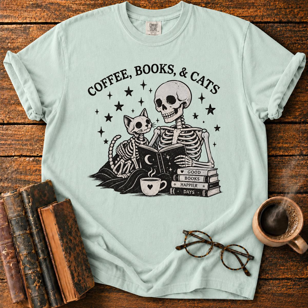 Coffee Books and Cats Skeleton T-Shirt