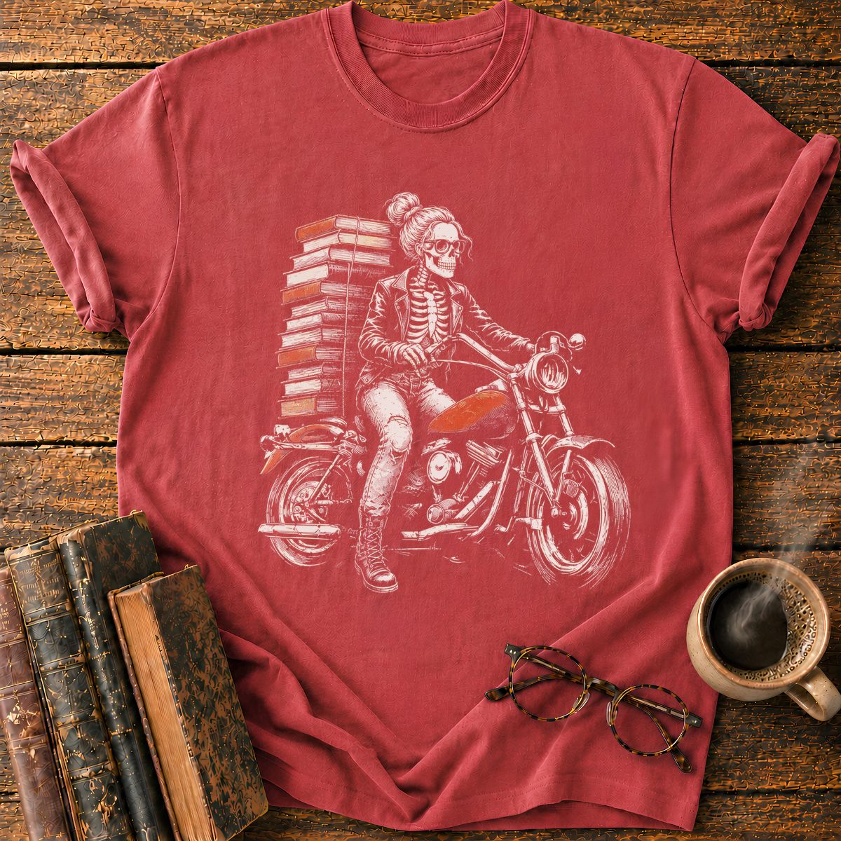 Skeletal Biker’s Tower of Books T-Shirt