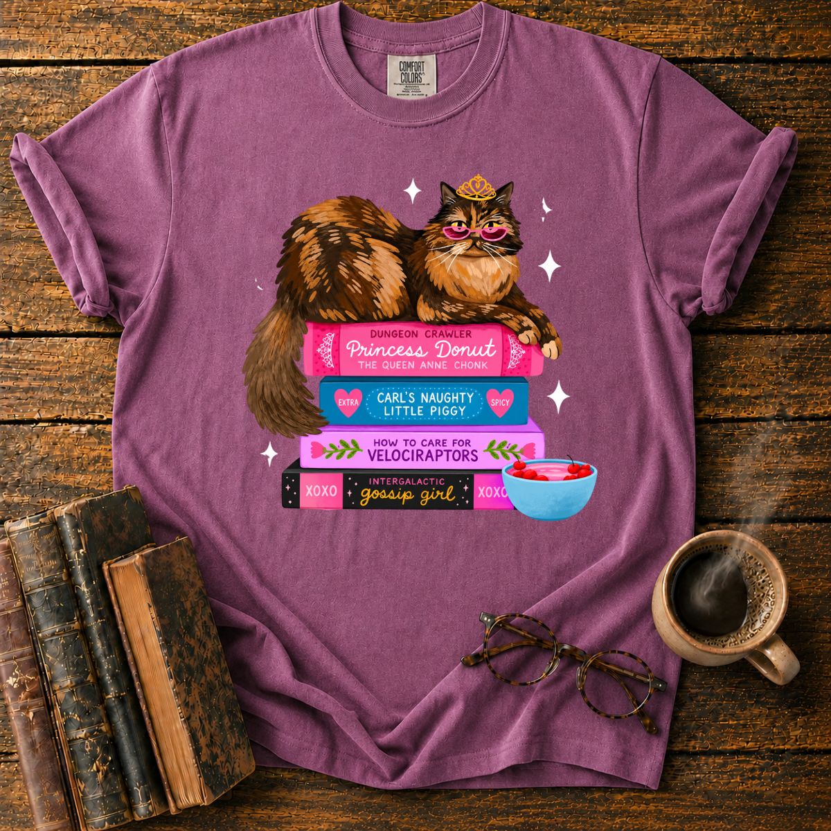 Princess Cat Book Stack Bookish T-Shirt