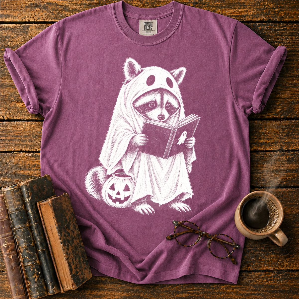 Ghostly Raccoon Reading by Pumpkin T-Shirt