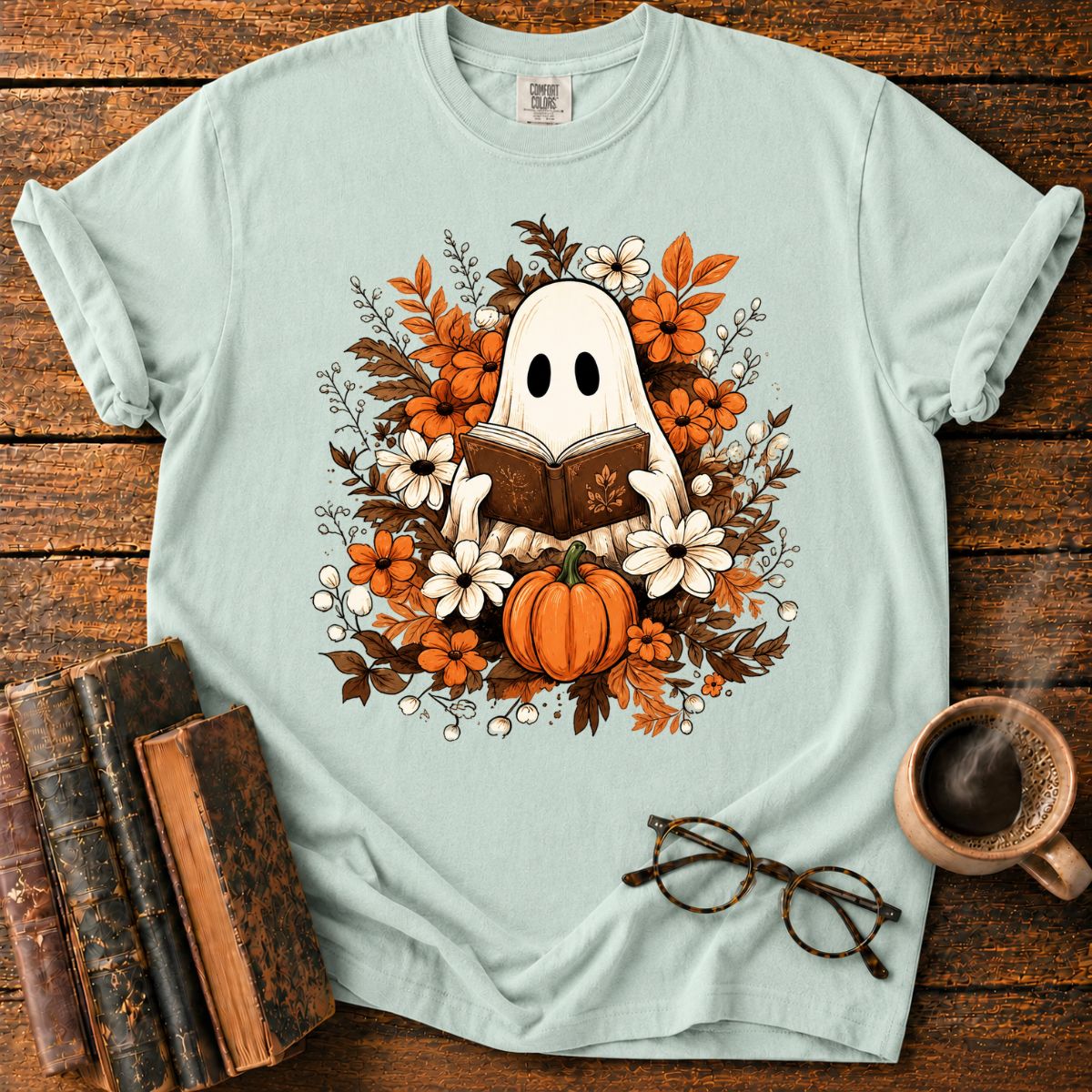 Autumn Ghost Reading in a Floral T-Shirt