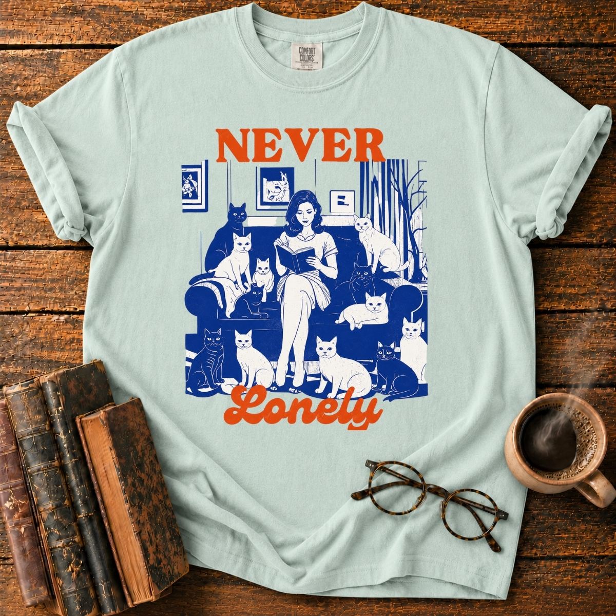 Never Lonely_ Cats and Cozy Reading T-Shirt