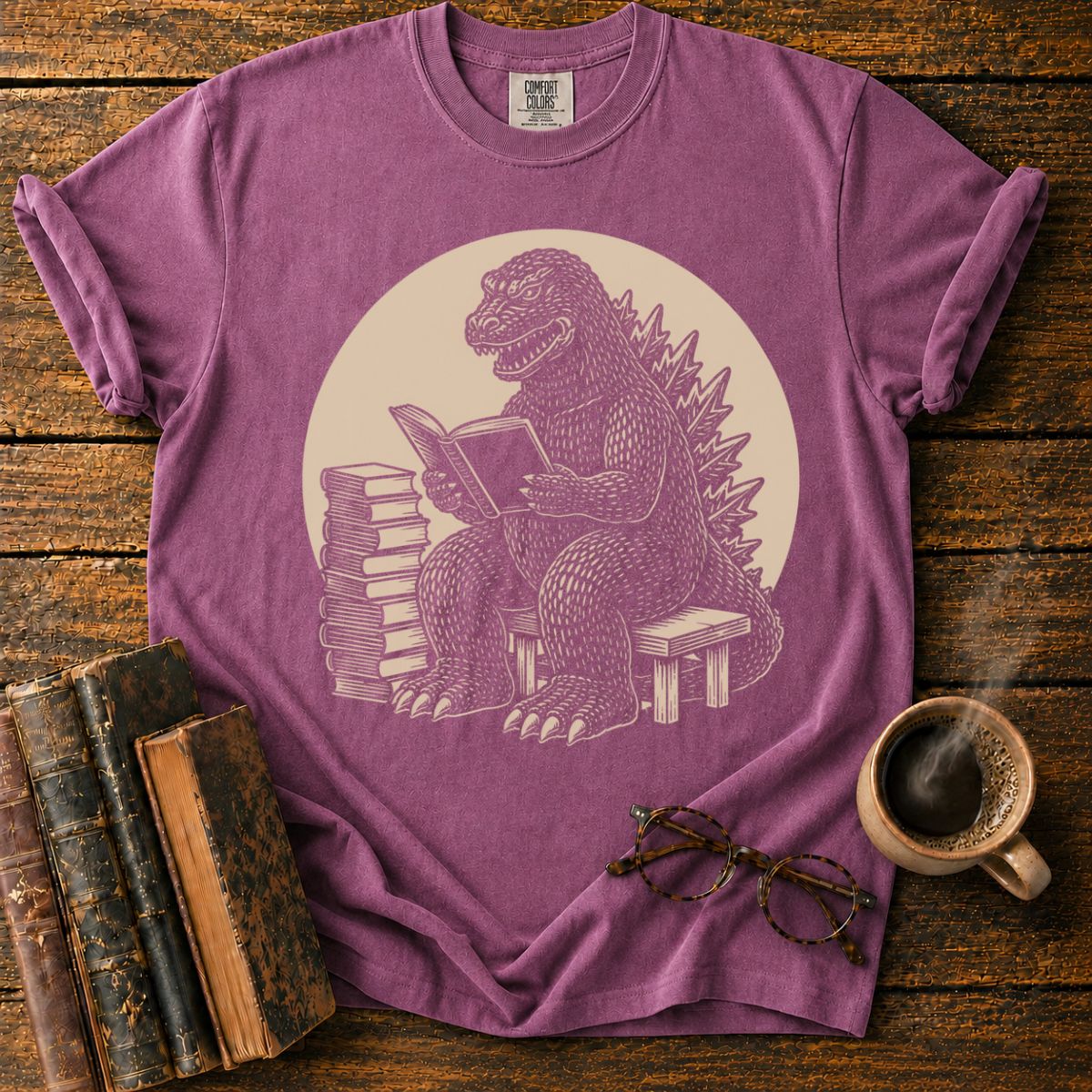 Kaiju Reading in Vintage Woodcut Style T-Shirt