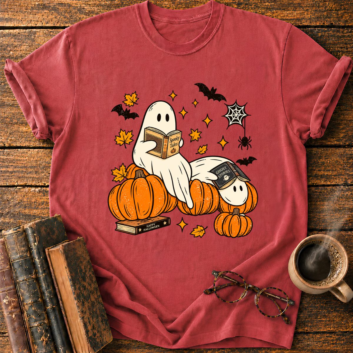 Ghost Reading A Book in Halloween T-Shirt