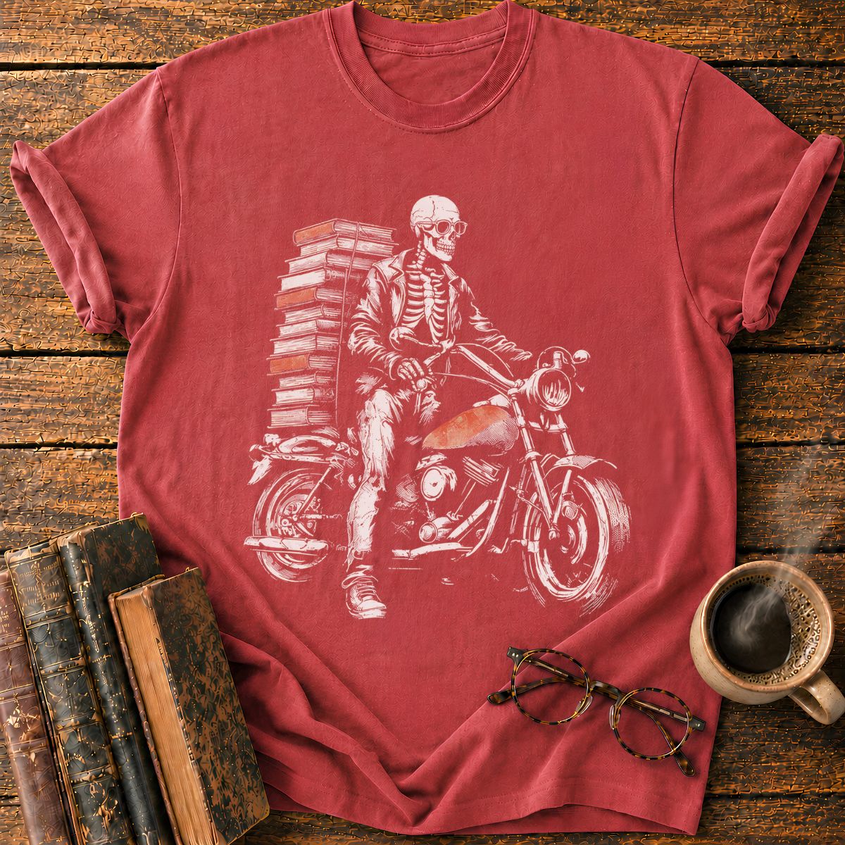 Skeletal Biker’s Tower of Books T-Shirt