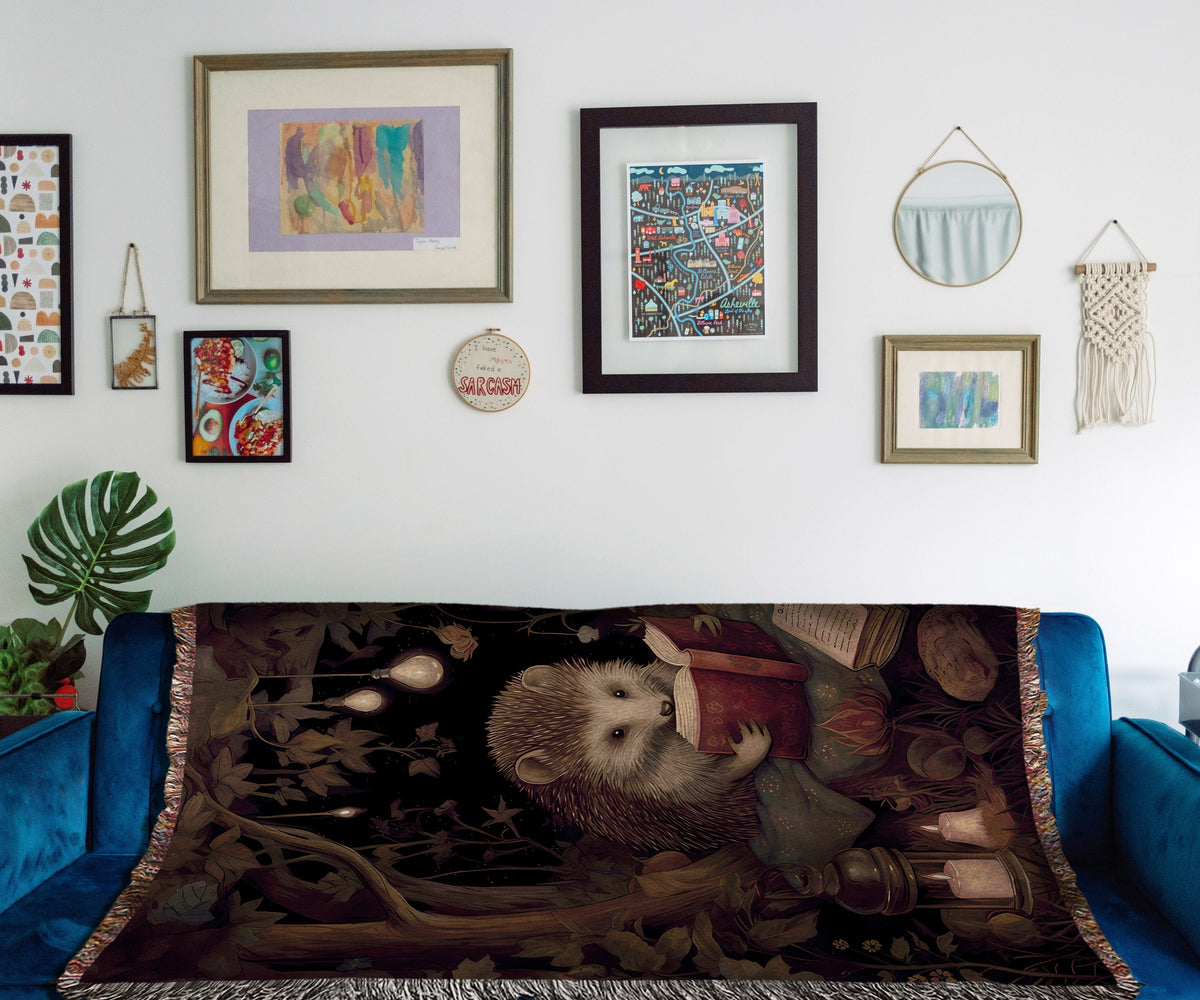 Hedgehog Reading Woven Throw Blanket