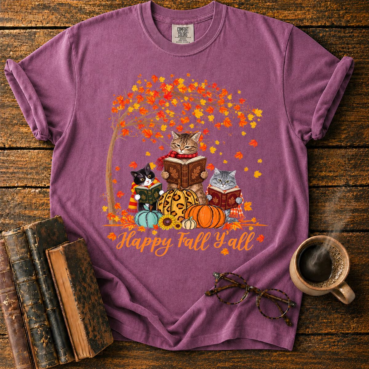 Three Cats Read with Autumn Books T-Shirt