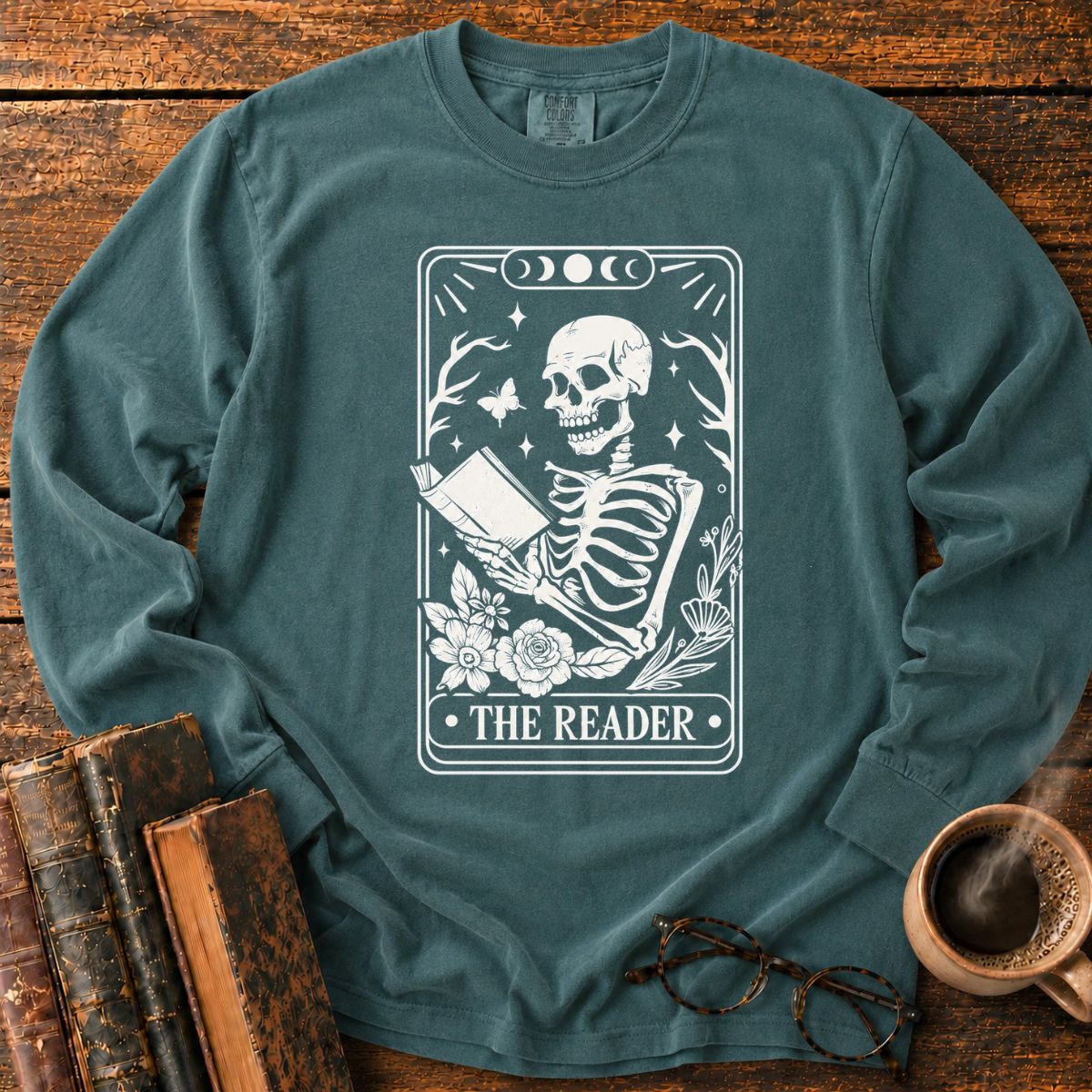The Reader Skeleton Tarot LS T-Shirt