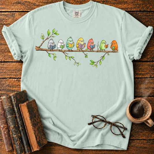 Seven Studious Birds on a Leafy Branch T-Shirt