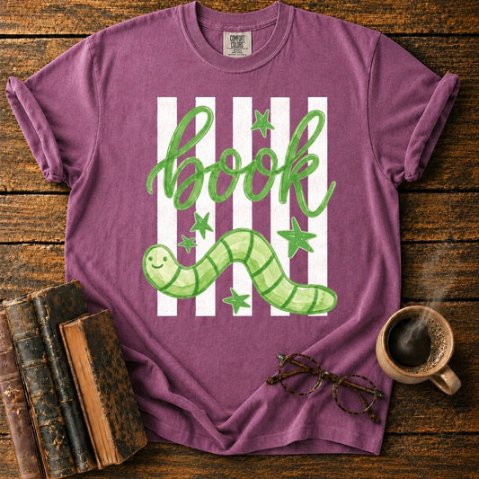 Green Bookworm on Pink Stripes T-Shirt