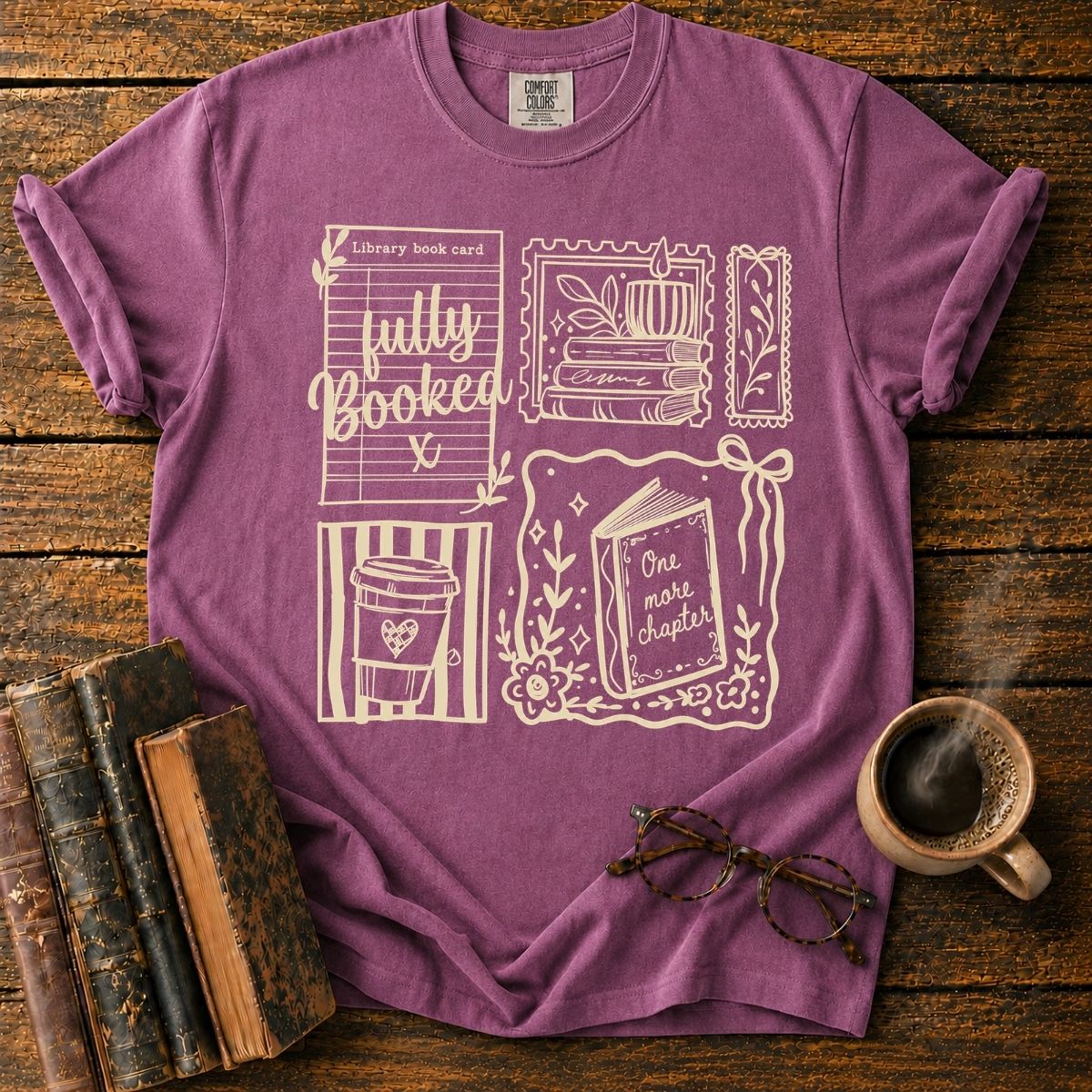 Cozy Bookish Sticker Collage T-Shirt