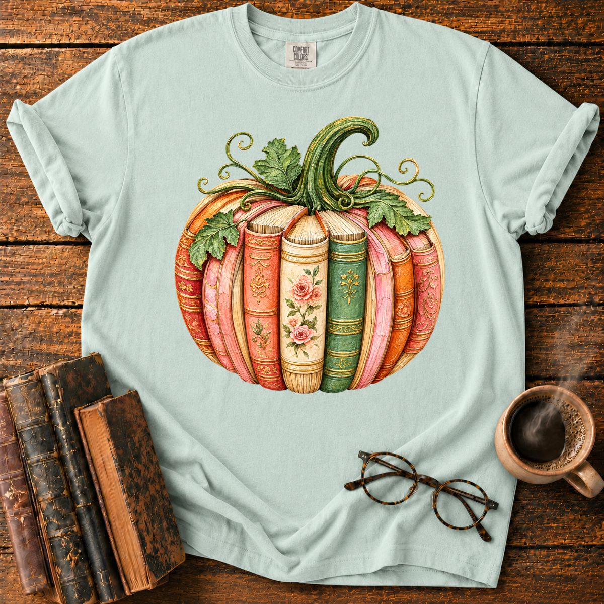 Vintage Book-Spine Pumpkin with Vines T-Shirt