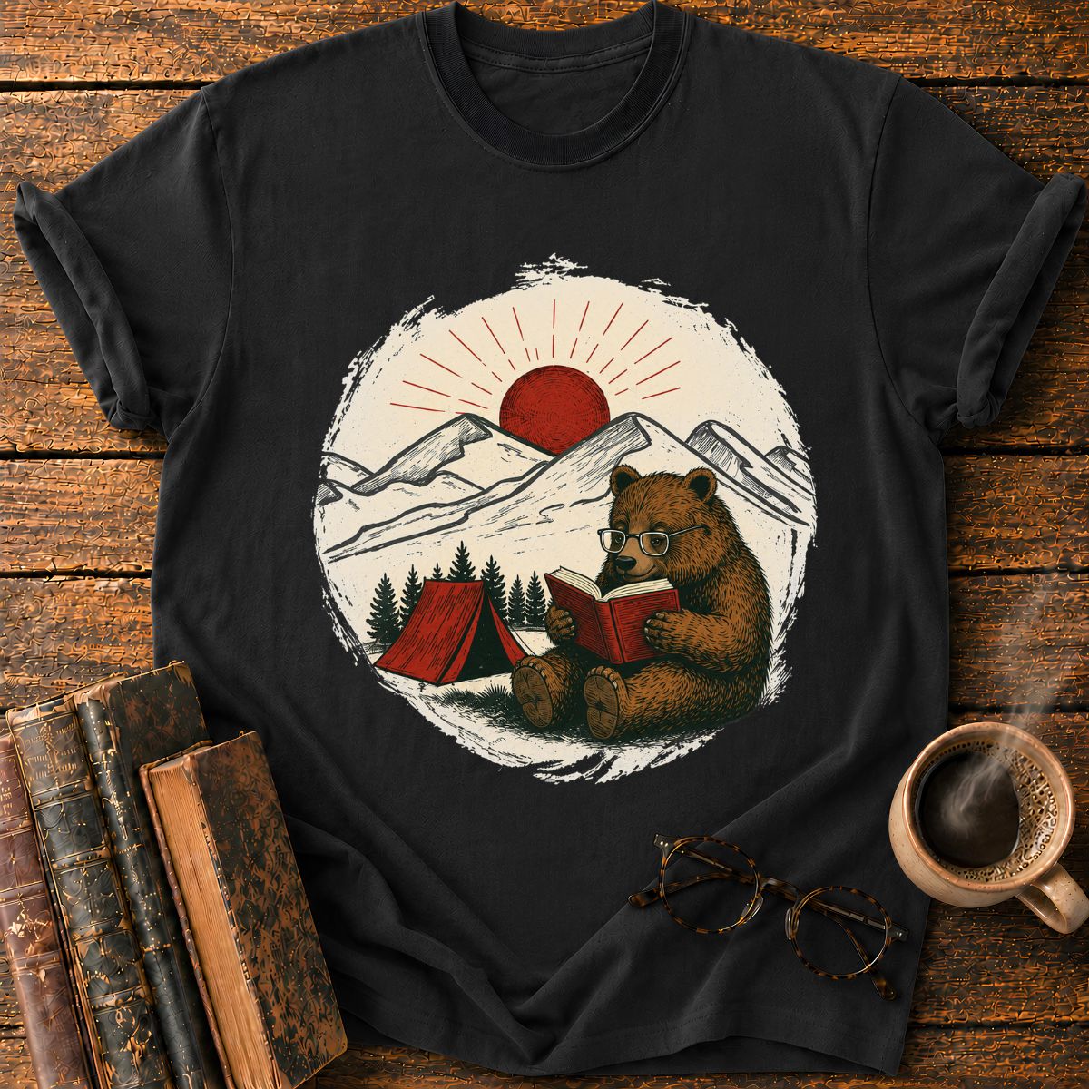 Vintage Camping Bear Reading Badge T-Shirt