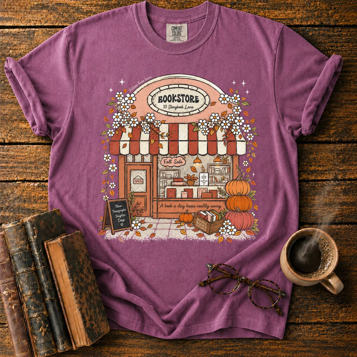 Cozy Fall Bookstore Storefront T-Shirt