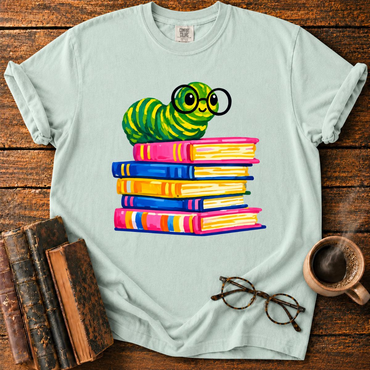 Cheerful Bookworm on Colorful Books T-Shirt