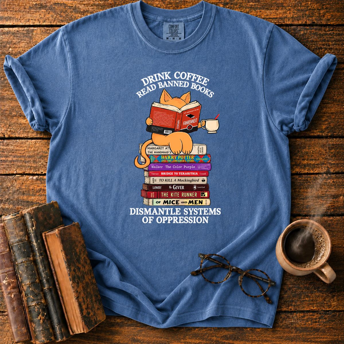 Cat Drink Coffee Read Banned Books T-Shirt