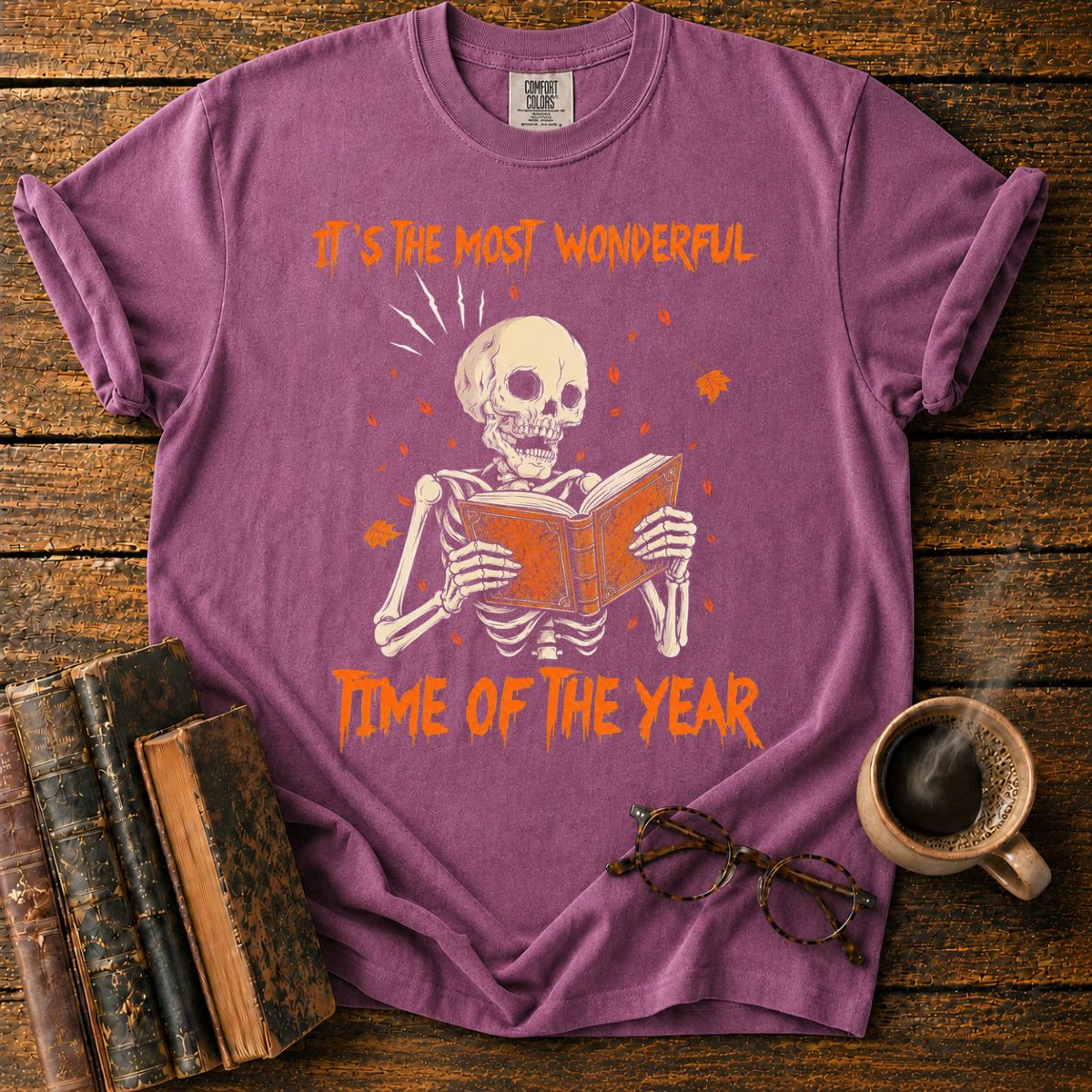 Skeleton Reading Beneath Autumn Leaves T-Shirt