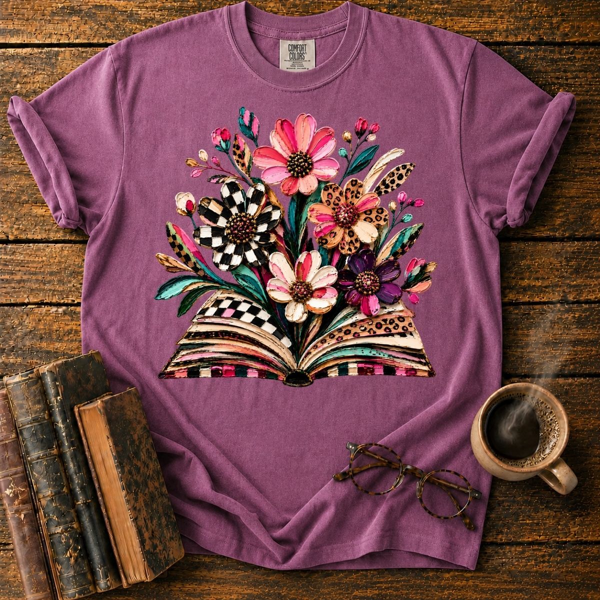 Floral Bouquet Rising from Book T-Shirt