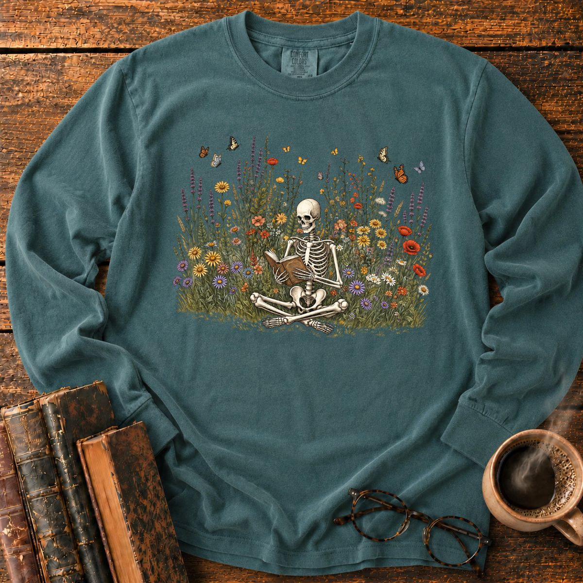Skeleton Reading Wildflowers LS T-Shirt