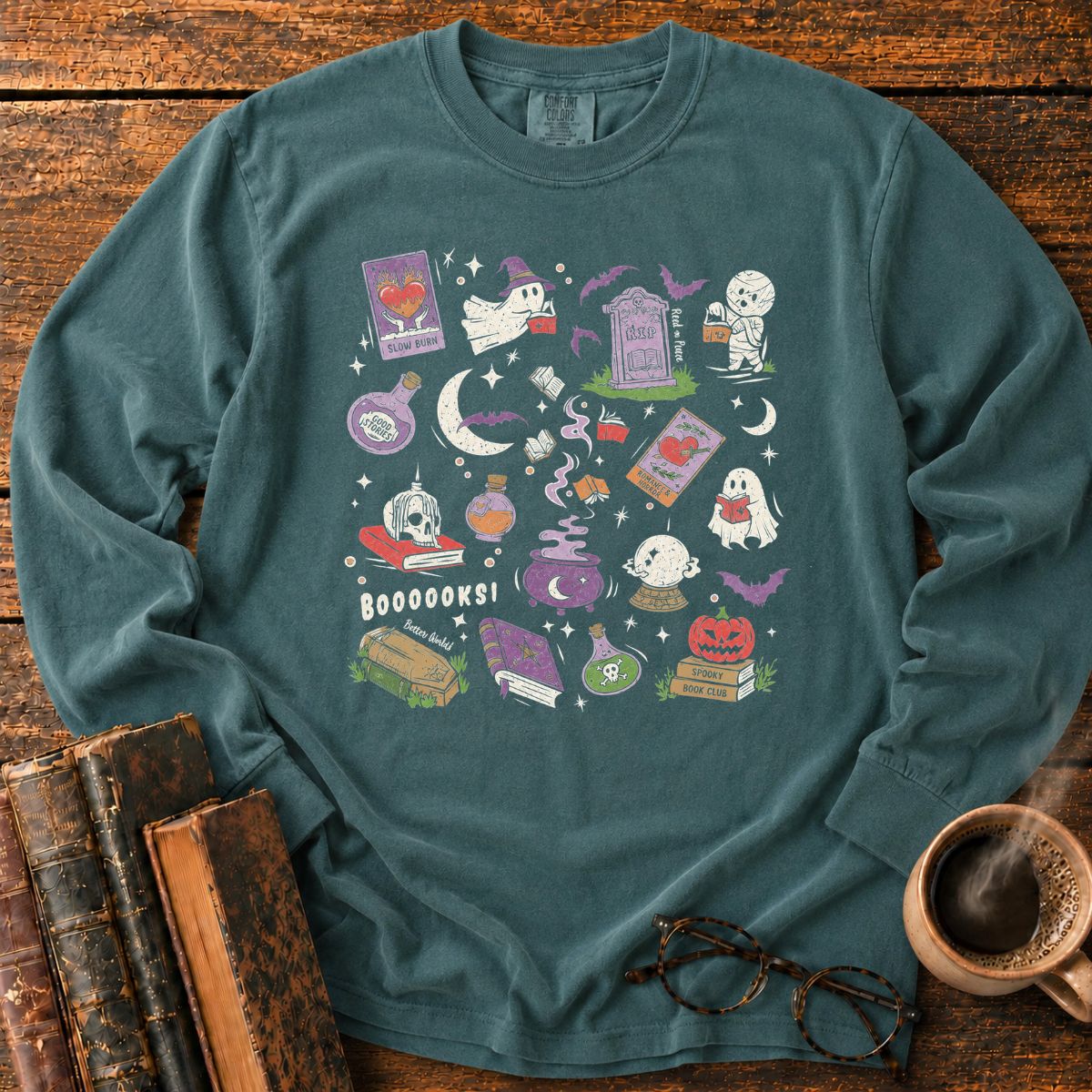 Booooks Spooky Halloween Doodles LS T-Shirt