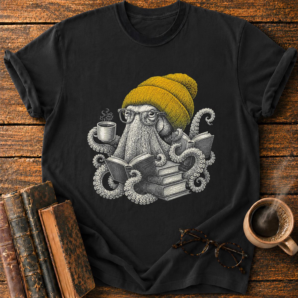 Octopus with Coffee and Books T-Shirt
