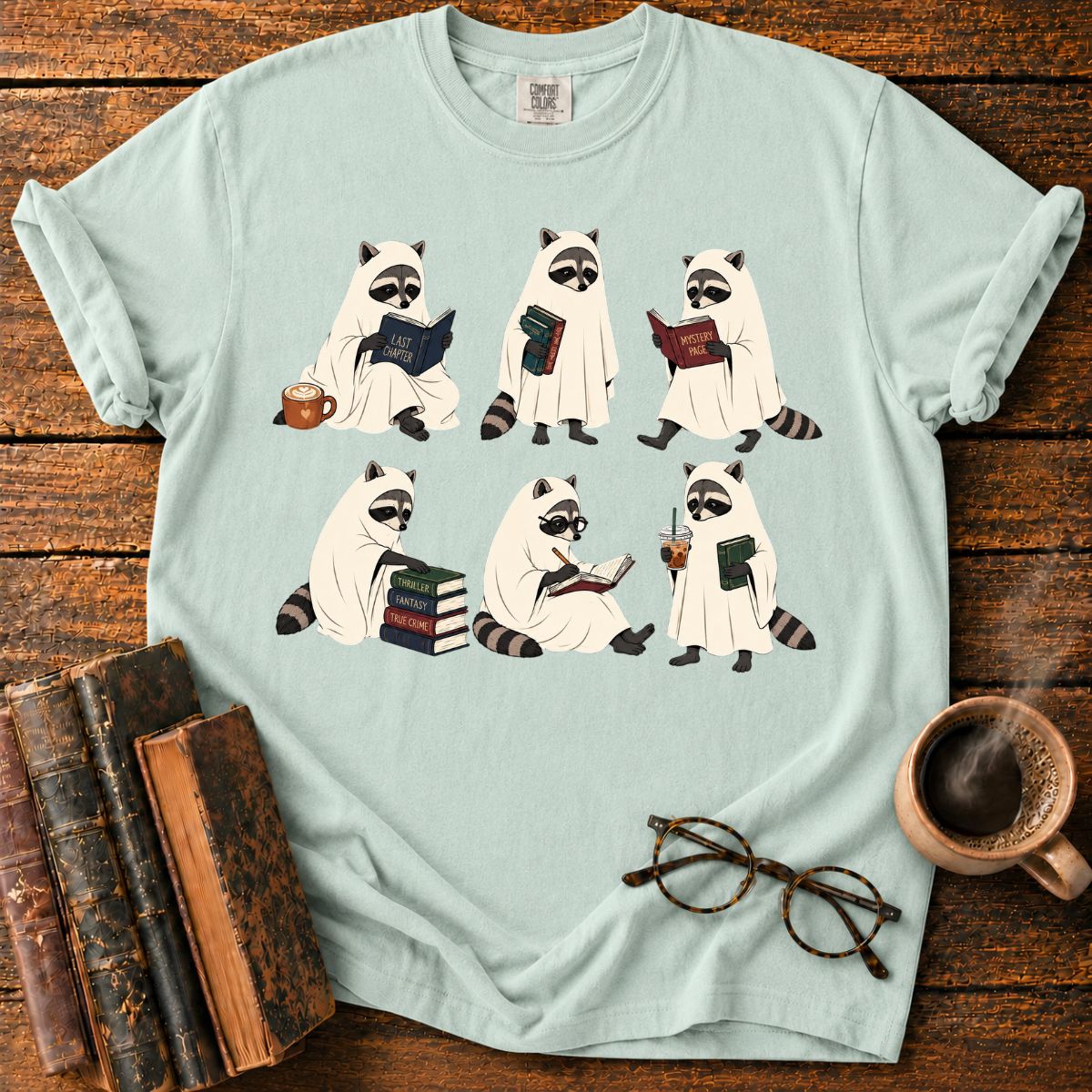 Ghostly Raccoons’ Cozy Book Club T-Shirt