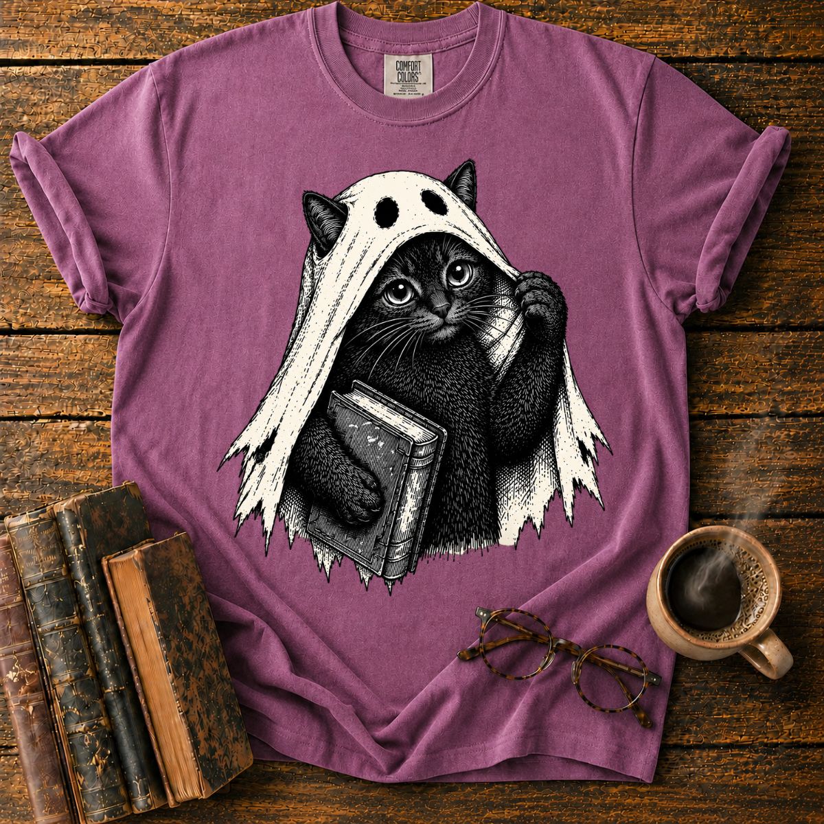 Ghost Black Cat with Haunted Book T-Shirt