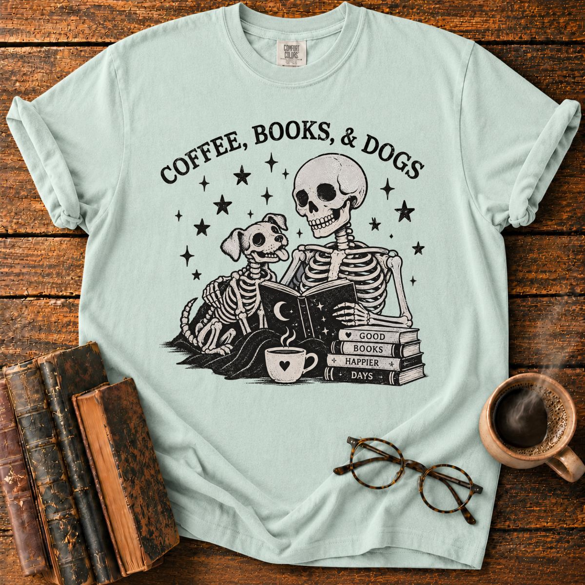 Coffee Books and Dogs Skeleton T-Shirt