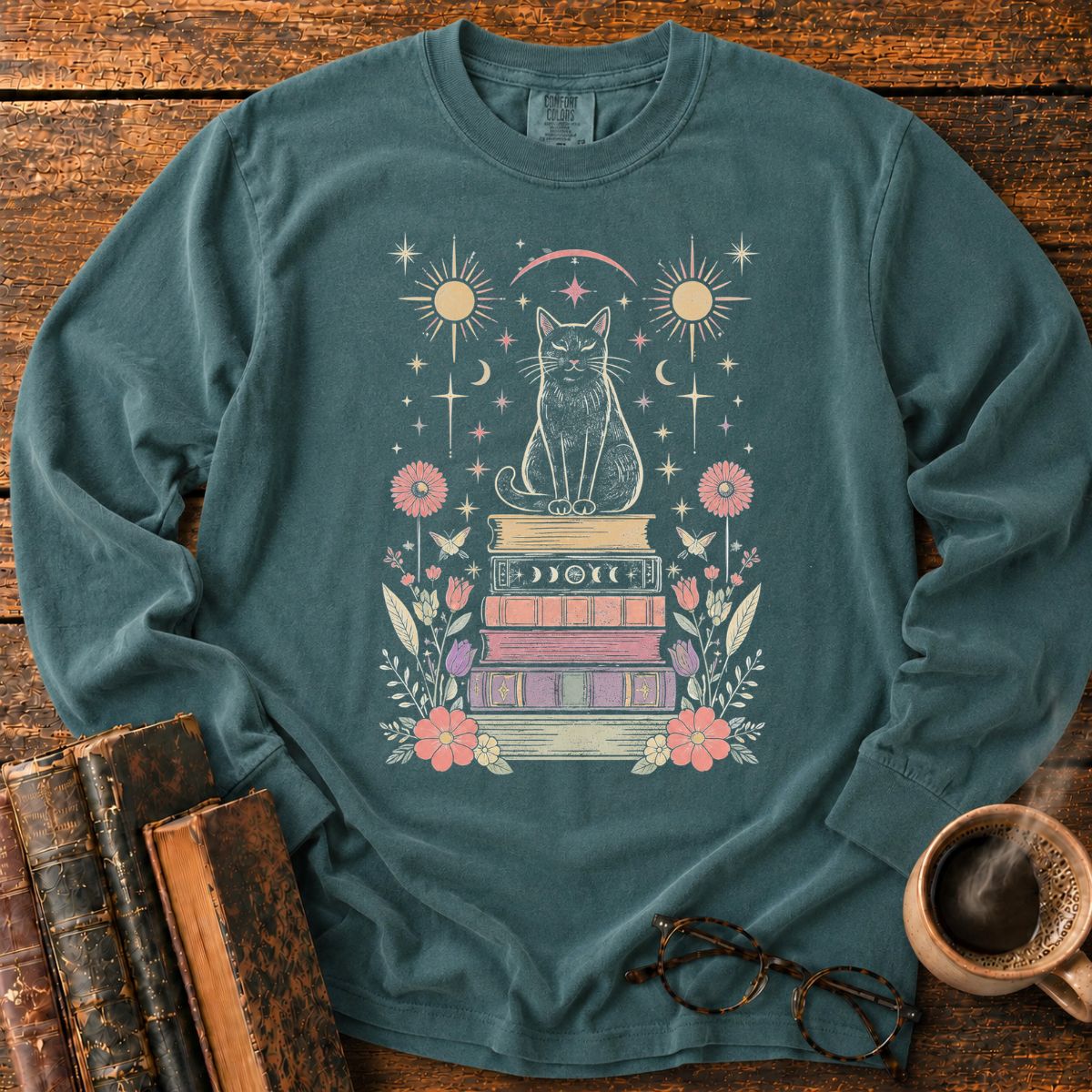 Celestial Black Cat Book Stack LS T-Shirt
