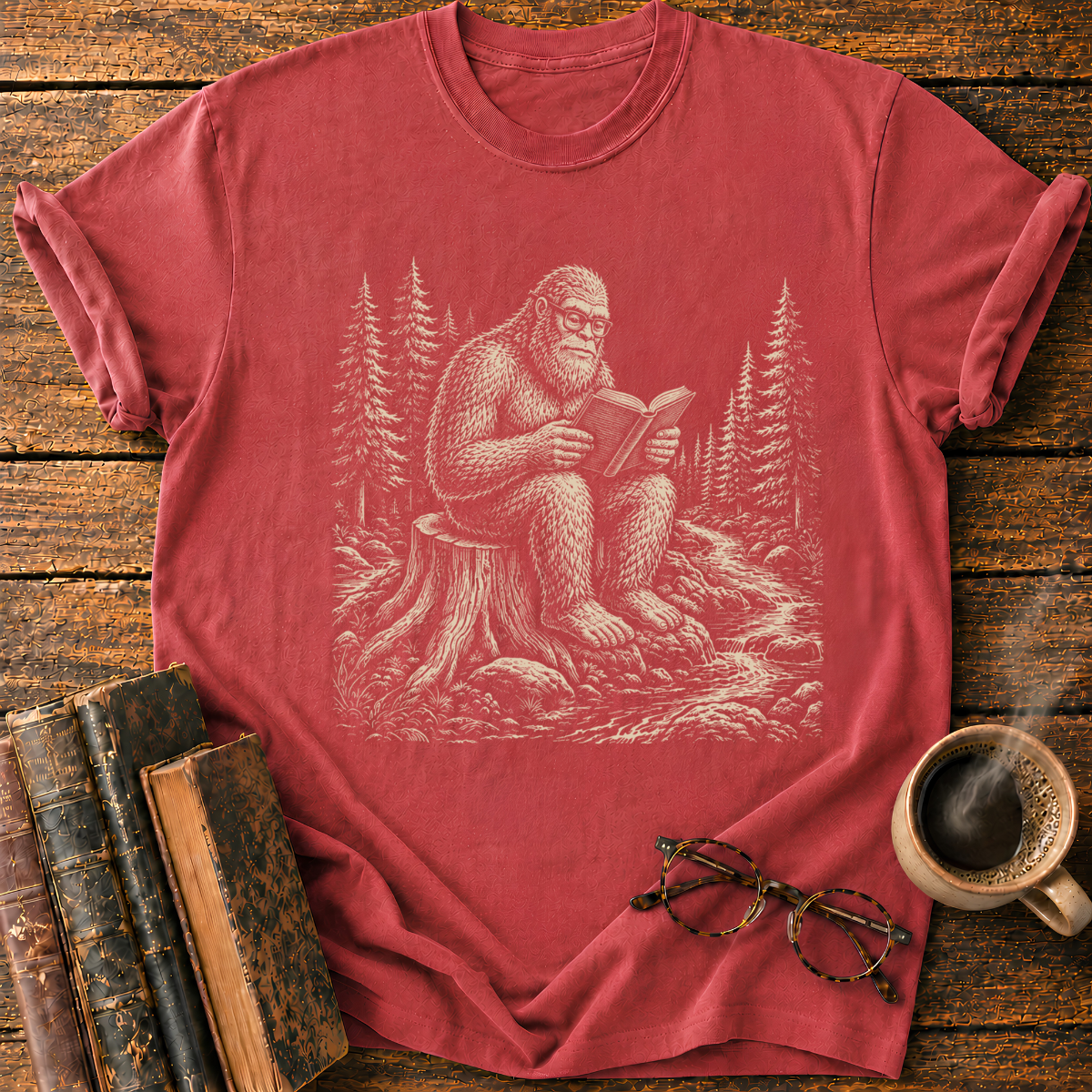 Bigfoot Reading in the Pine Forest T-Shirt