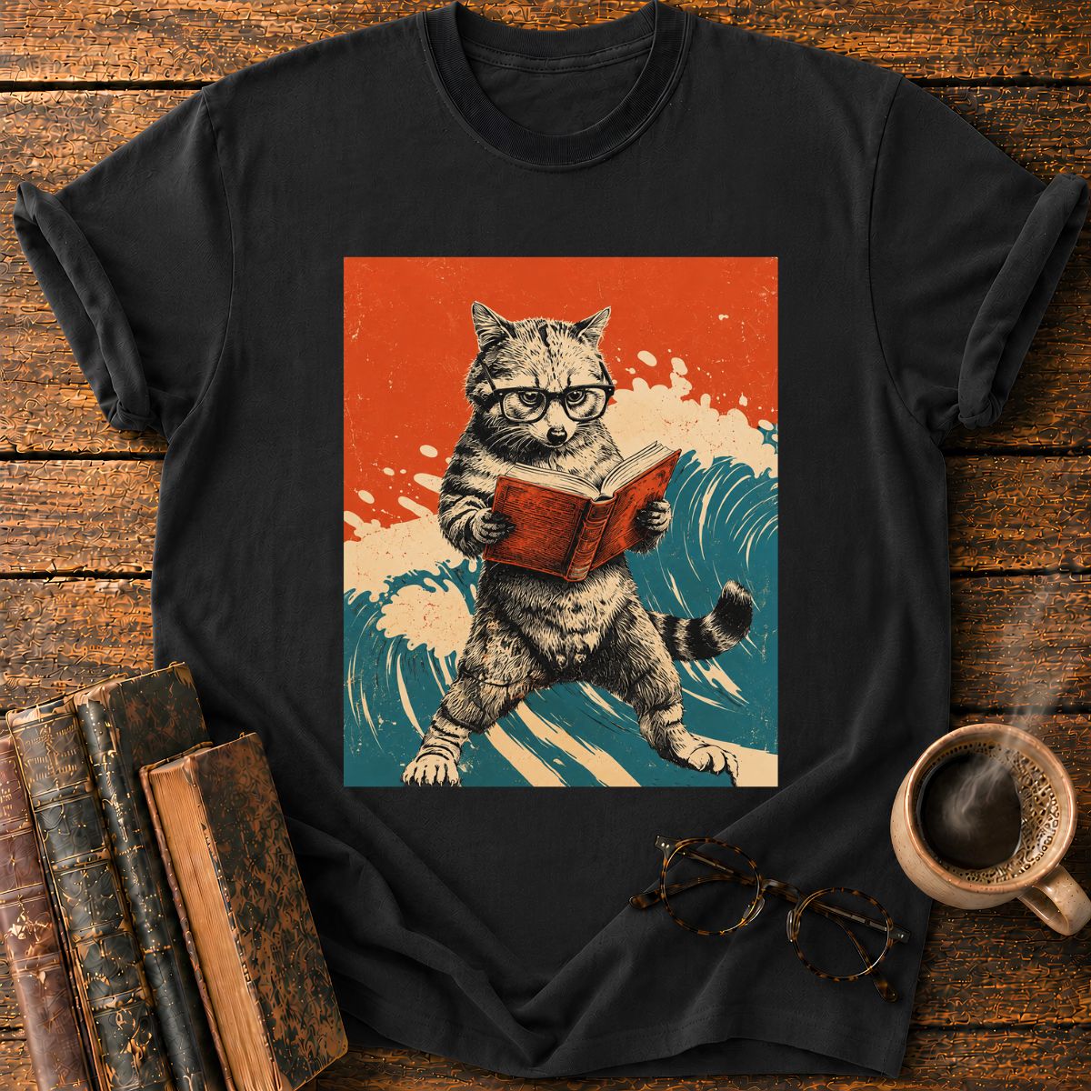 Vintage Cat Reading By The Sea T-Shirt