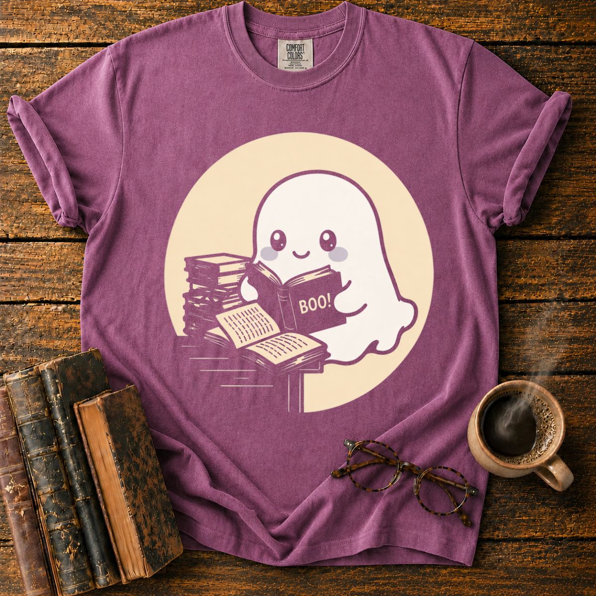 Kawaii Ghost Reading Books T-Shirt