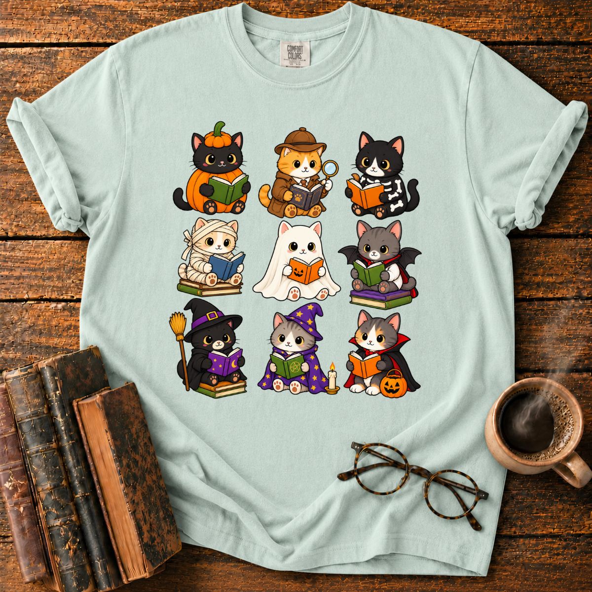 Kawaii Halloween Cat Reading T-Shirt