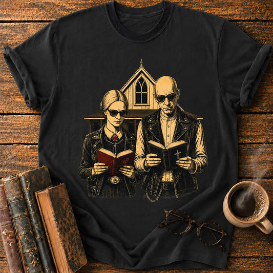 Gothic Couple Reading at the Chapel T-Shirt