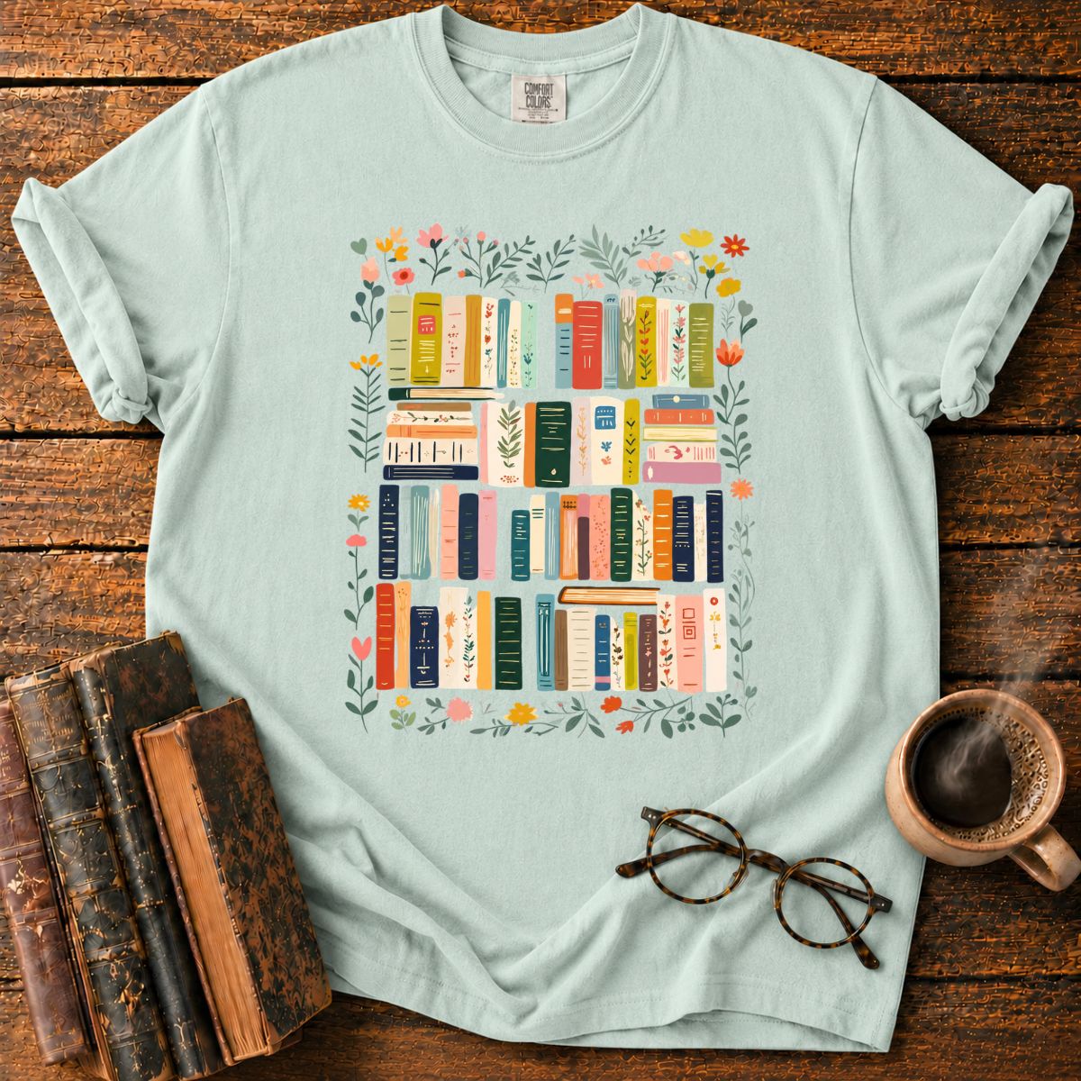 Floral Wreath Around Bookshelves T-Shirt