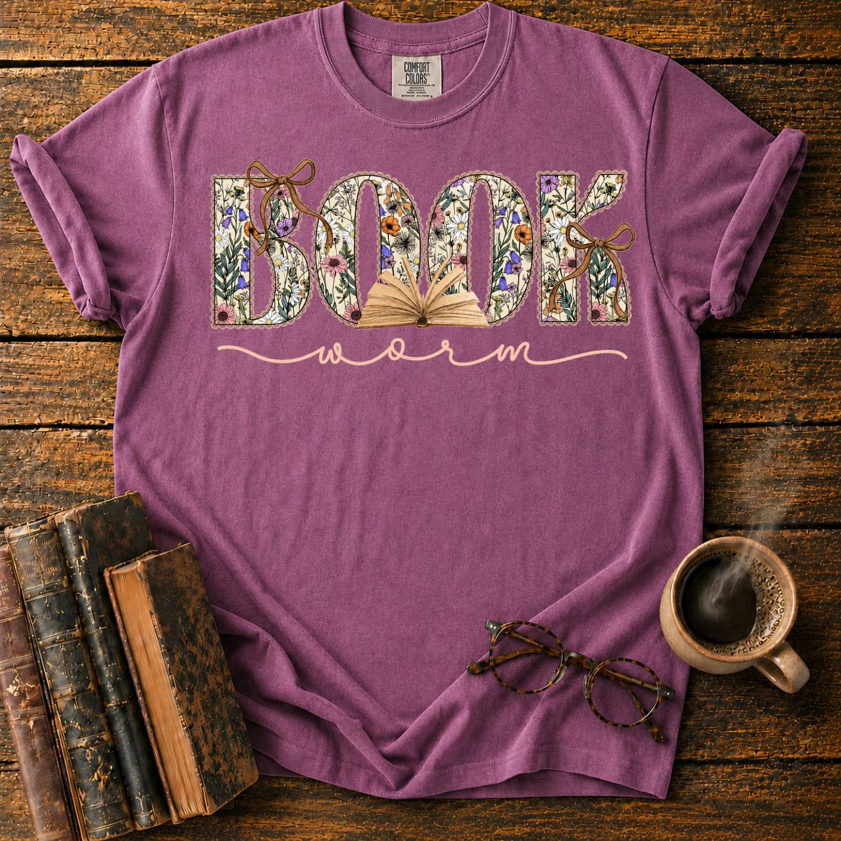Floral Bookworm Typography T-Shirt