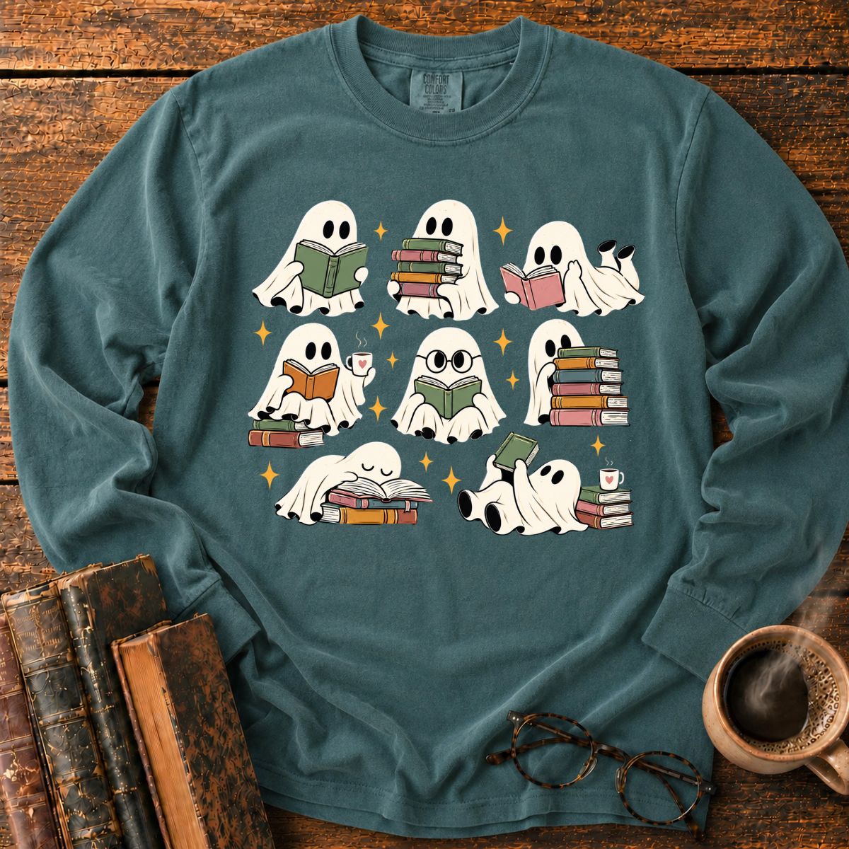 Cozy Ghosts Reading Books LS T-Shirt