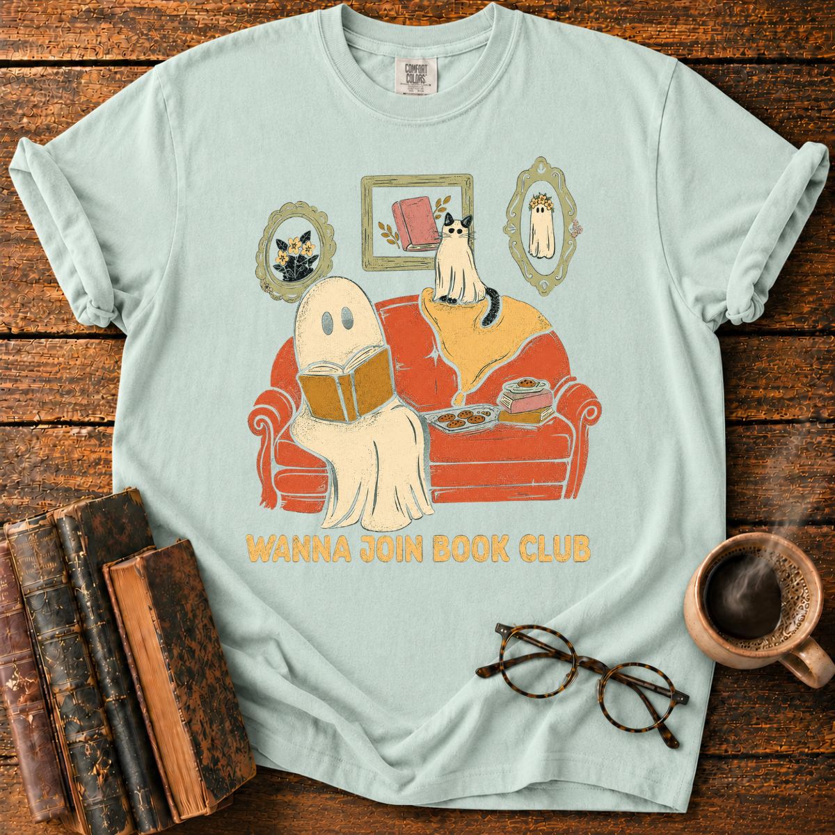 Cozy Ghost and Cat Book Club T-Shirt