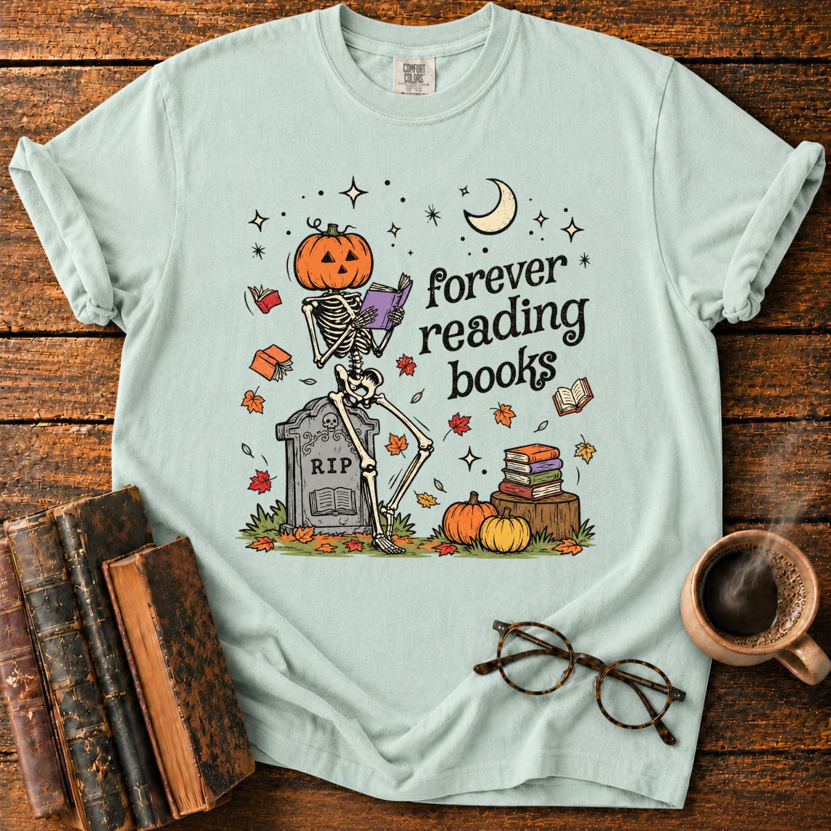 Forever Reading Books Pumpkin Skeleton T-Shirt